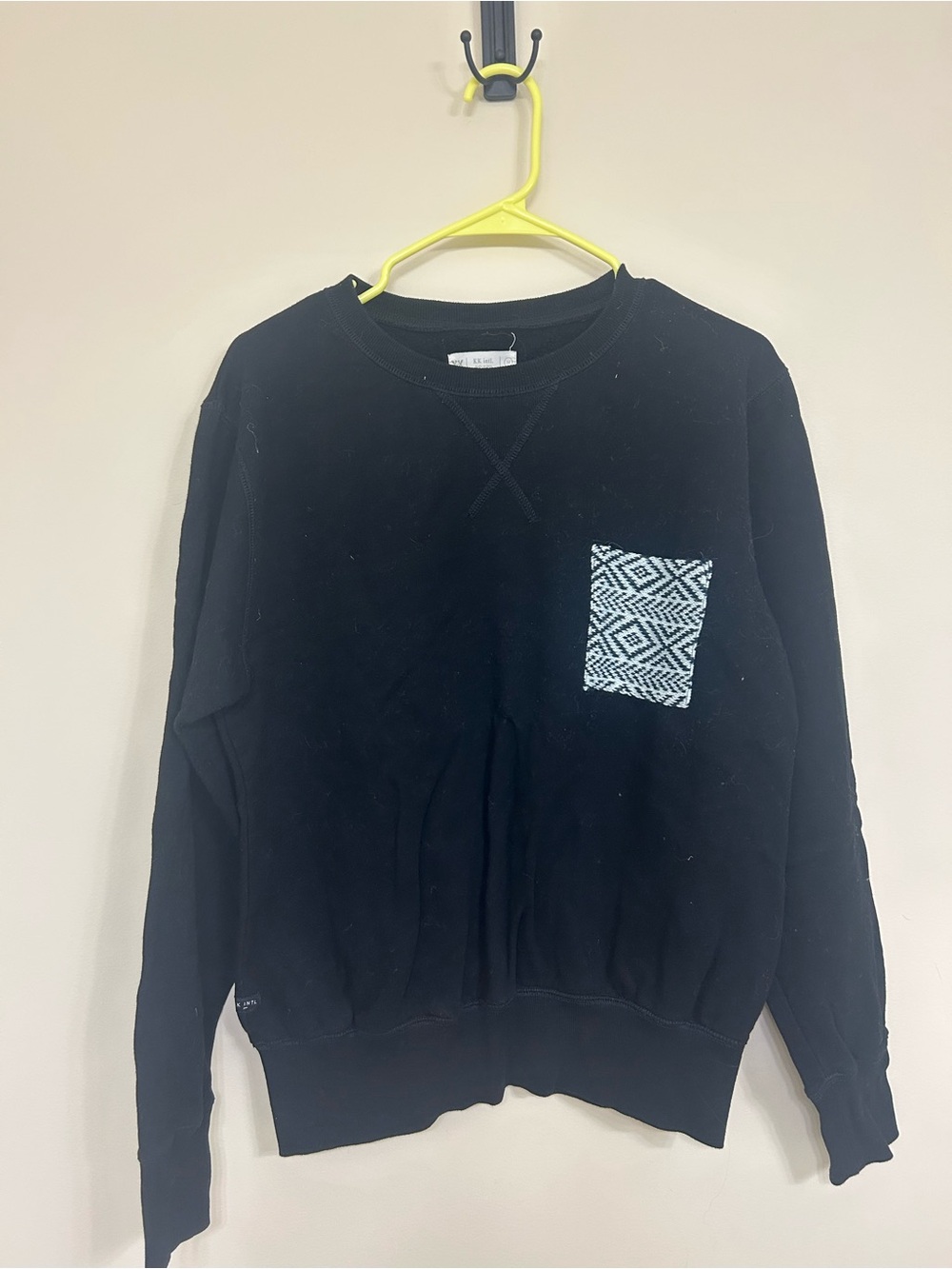 Black Crewneck Sweater with Patterned Pocket